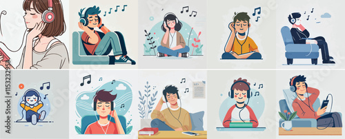 Vector set of a teenager listening to relaxing music with a simple flat design style