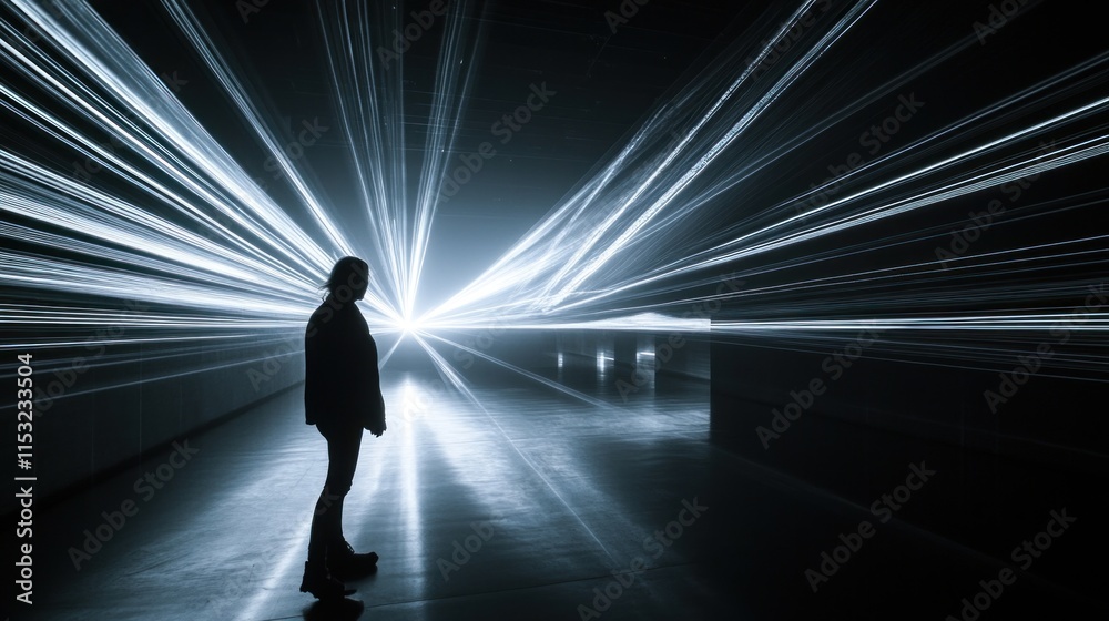 A silhouette stands amidst striking light beams in a dark space, creating a dramatic effect. A silhouette stands amidst striking light beams in a dark space, creating a dramatic effect.