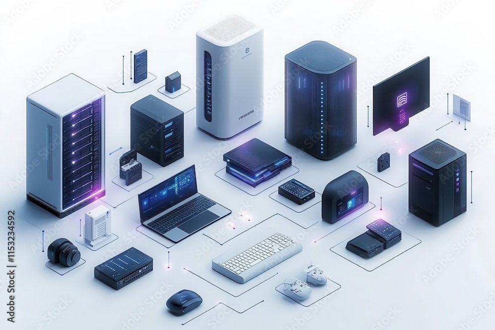 isometric design showcasing various tech devices such as laptops computers and servers in a vibrant white and blue palette creating a sleek banner for tech services and cloud solutions isometric design showcasing various tech devices such as laptops computers and servers in a vibrant white and blue palette creating a sleek banner for tech services and cloud solutions