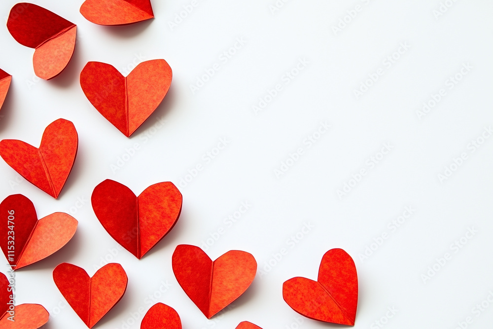 Obraz premium Red paper hearts on a white background. Cute romantic decor for valentine's day, wedding, birthday. Copyspace for your text.