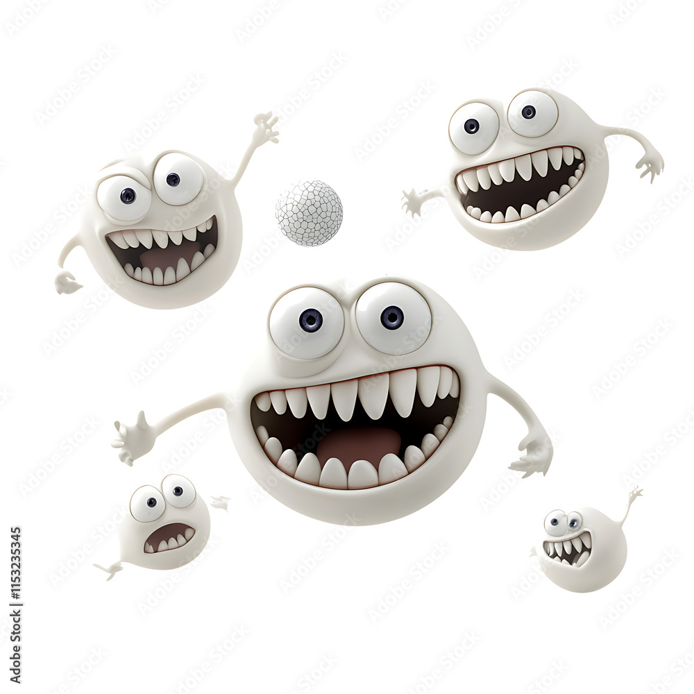 Cute, scary, playful, mischievous 3D cartoons jumping happily in the air and catching a ball, isolated on a transparent background Cute, scary, playful, mischievous 3D cartoons jumping happily in the air and catching a ball, isolated on a transparent background