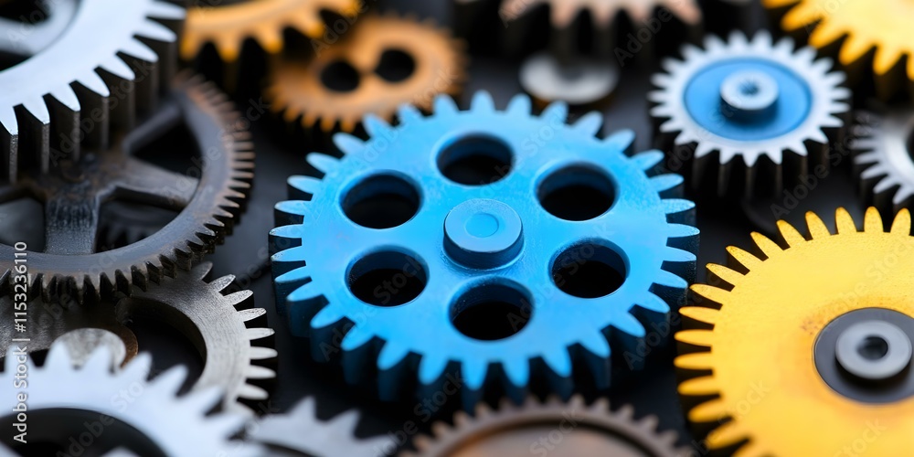 A collection of various gears in different colors, including a prominent blue gear among metallic and golden ones. Concept Colorful Gears Collection, Blue Gear Focus, Metallic and Golden Gears A collection of various gears in different colors, including a prominent blue gear among metallic and golden ones. Concept Colorful Gears Collection, Blue Gear Focus, Metallic and Golden Gears