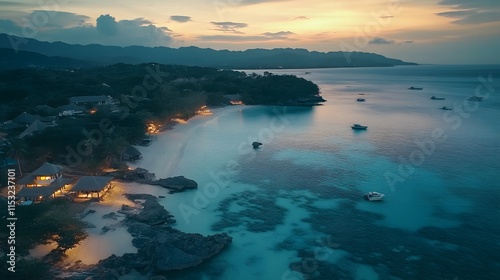 Aerial shot of the serene Malapascua Island, with its pristine beaches and clear waters glowing under soft light, in 4K resolution photo