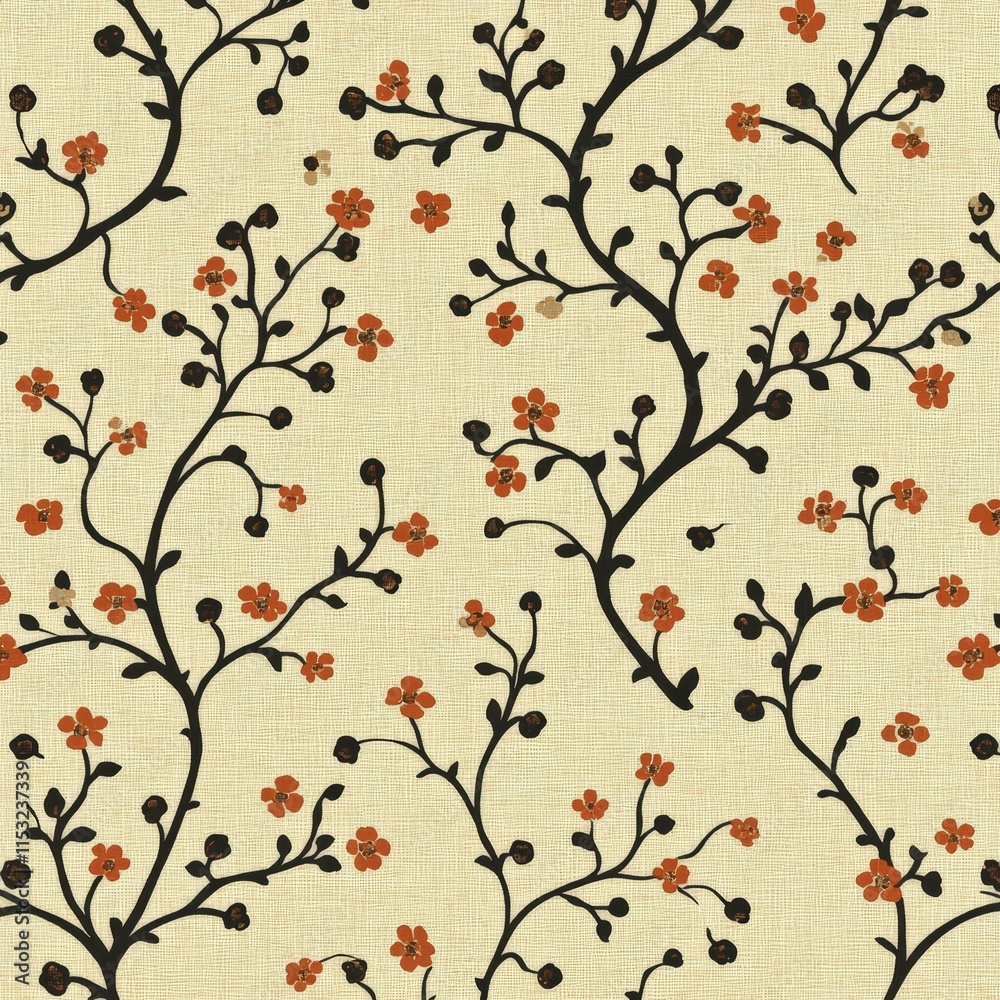 A delicate floral pattern featuring black branches adorned with vibrant orange flowers on a soft beige background. A delicate floral pattern featuring black branches adorned with vibrant orange flowers on a soft beige background.