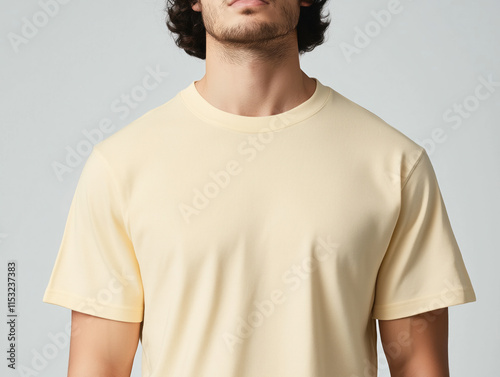 Youth and Young Adult Light Yellow T-Shirt Mockup: Perfect for Trendy Styles, Casual Wear, Fashion Presentations, and Online Stores Targeting a Younger Audience! photo