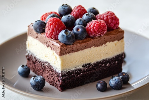 Delicious Chocolate Raspberry Cake with Fresh Blueberries photo