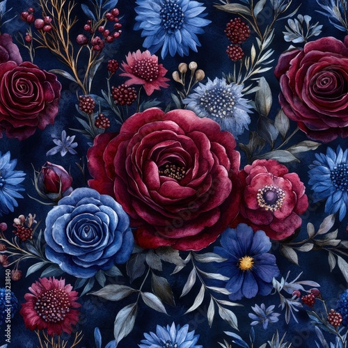 A vibrant floral design featuring deep red and blue flowers against a dark background, creating a rich and elegant aesthetic.