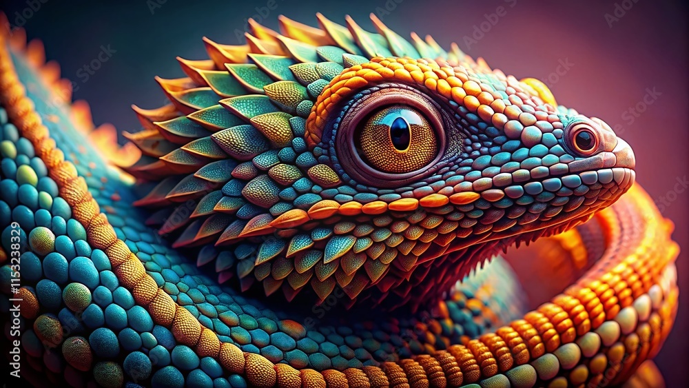 Obraz premium Minimalist Dragon: Tiny Coiled Creature with Detailed Scales