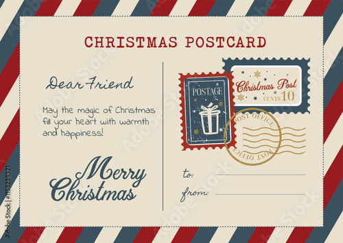 Vintage Christmas mail, postcard, hand drawn vector illustration.