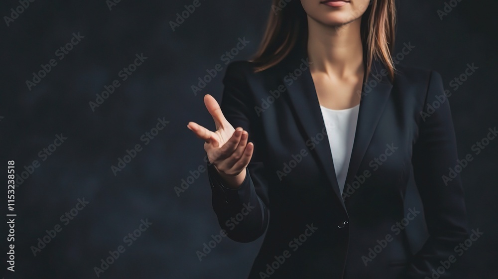 Professional Woman Gesturing Assertively Against Dark Background