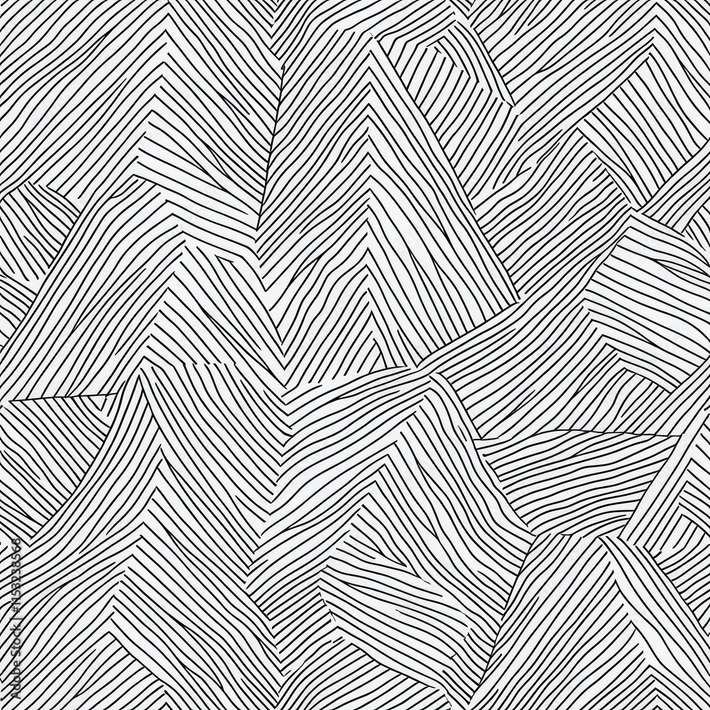 An abstract black and white patterned illustration featuring stylized mountain peaks with intricate line detailing.