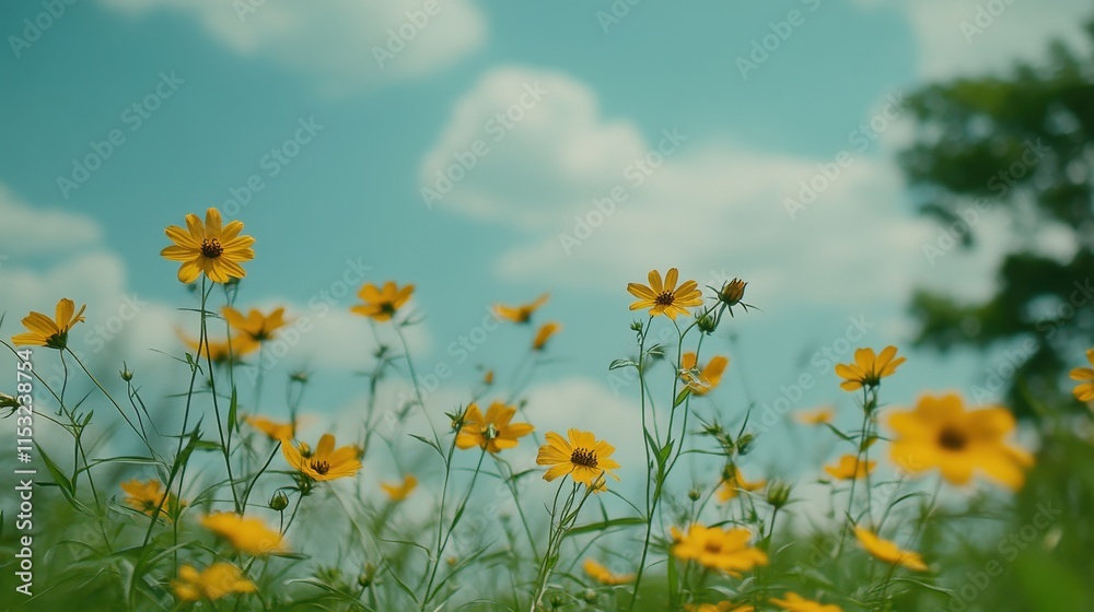 Yellow wildflowers bloom under a bright summer sky Yellow wildflowers bloom under a bright summer sky