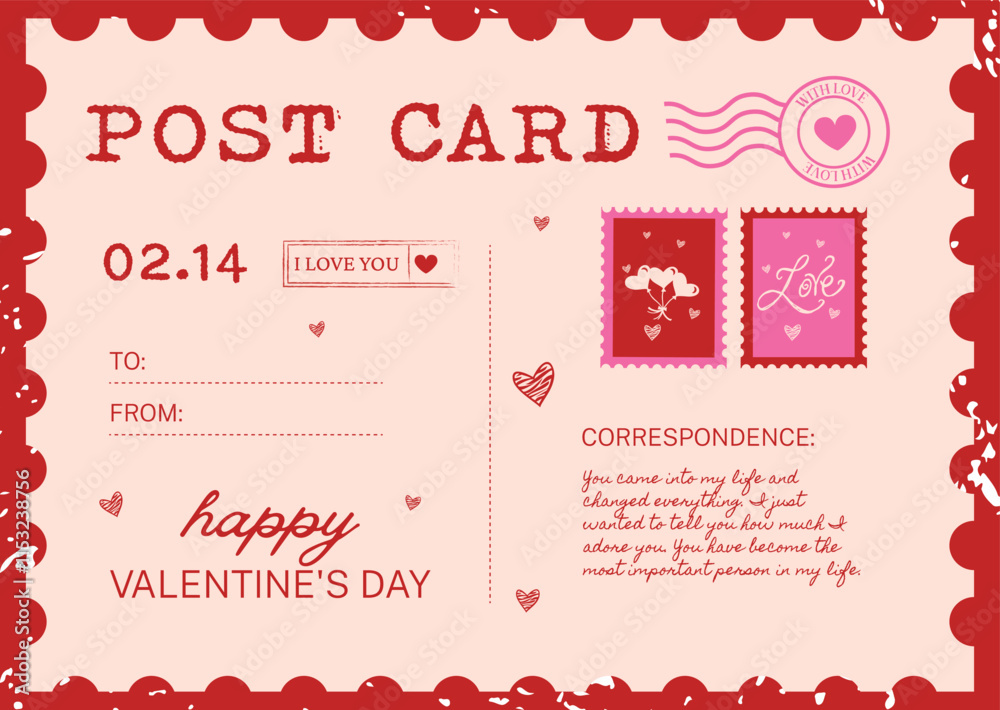 Red and pink Valentine's mail, postcard, hand drawn vector illustration.