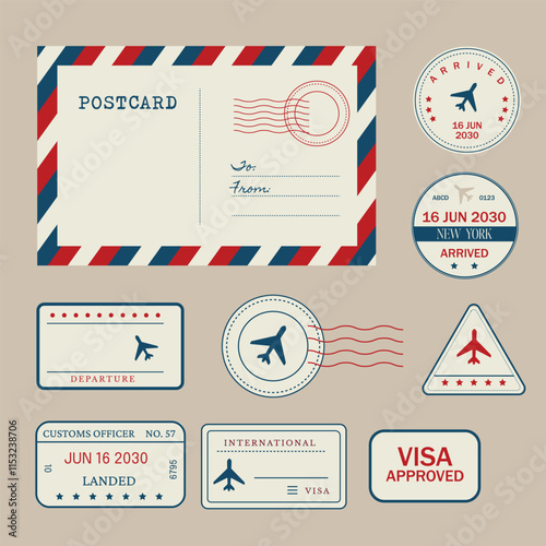 Red and blue travel stickers collection, travel postcard, hand drawn vector illustration.