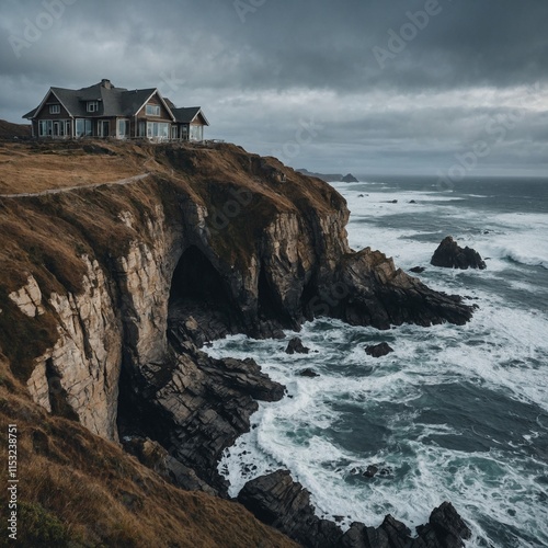 A cliffside house with dramatic views of jagged rocks and waves.