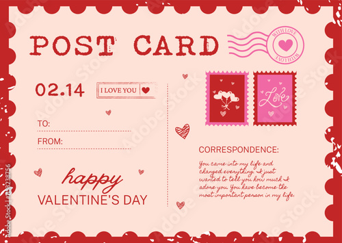 Red and pink Valentine's mail, postcard, hand drawn vector illustration.