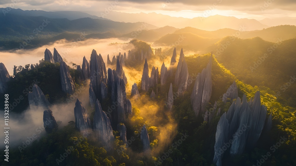 Aerial shot of the dramatic Pinnacles of Gunung Mulu National Park, with jagged limestone formations glowing under golden light, in 4K resolution