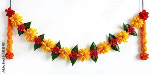 Indian Flower Garland - Mango Leaves and Marigold Flowers for Festive Decor and Cultural Celebrations Decoration for Indian hindu holidays or wedding. Diwali, makar sankranti, holi, new year  photo