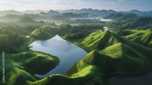 Aerial shot of the serene Perlis State Park, with lush green hills and calm waterways glowing under soft morning light, in 4K resolution photo