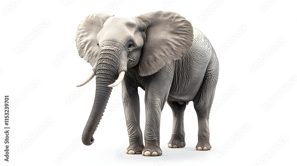 Fototapeta premium Majestic African Elephant Standing Isolated White Background