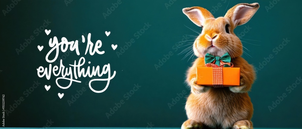Obraz premium Adorable Bunny Holding Gift, Youre Everything Valentines Day Card