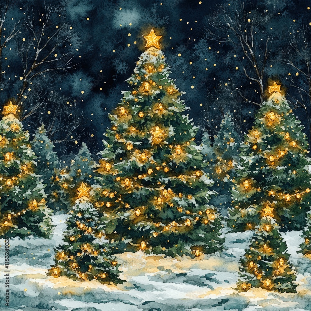 Obraz premium A serene winter night scene featuring snow-covered Christmas trees adorned with warm golden lights and shining stars.