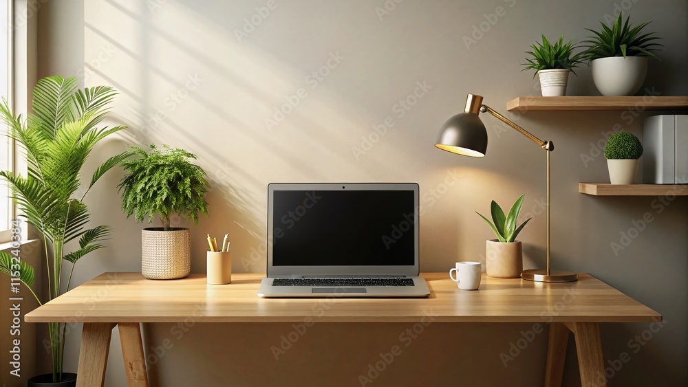 Fototapeta premium Minimalist Home Office: Blank Laptop Screen for Mockup & Text - Generative AI