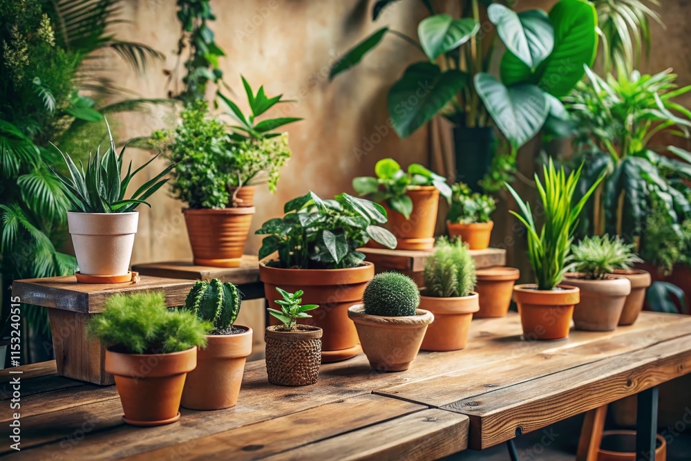 Minimalist Indoor Plant Display: Lush Greenery in Terracotta Pots on Rustic Table Minimalist Indoor Plant Display: Lush Greenery in Terracotta Pots on Rustic Table