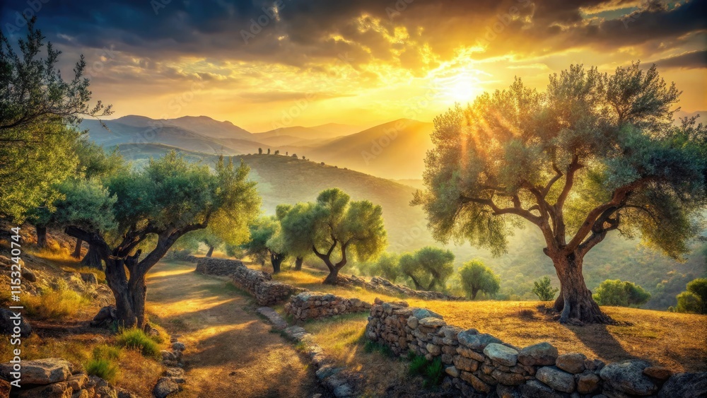 Fototapeta premium Sun-drenched Tuscan hills, ancient olive trees, vintage landscape photography.