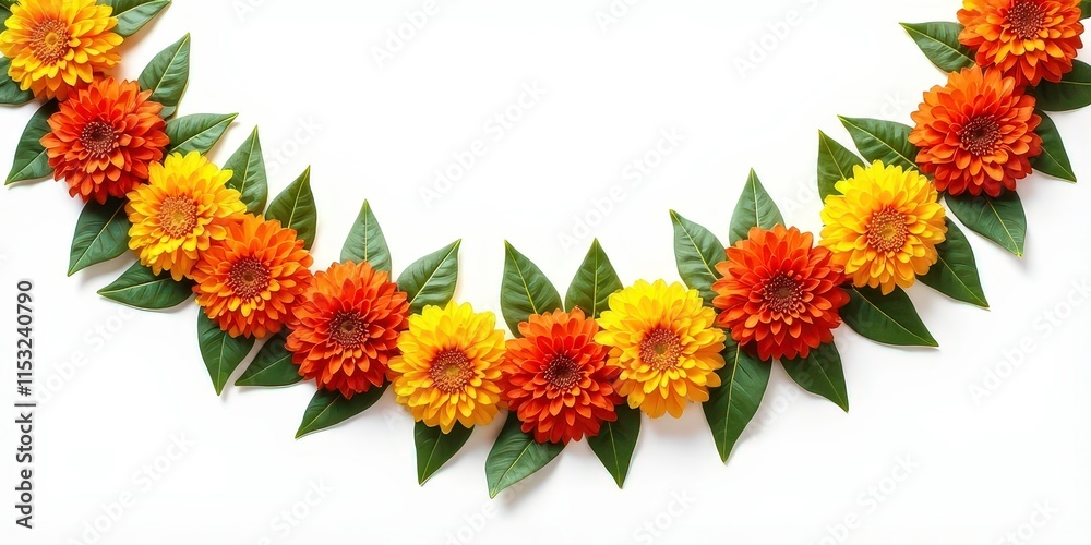 Fototapeta premium Indian Flower Garland - Mango Leaves and Marigold Flowers for Festive Decor and Cultural Celebrations Decoration for Indian hindu holidays or wedding. Diwali, makar sankranti, holi, new year 
