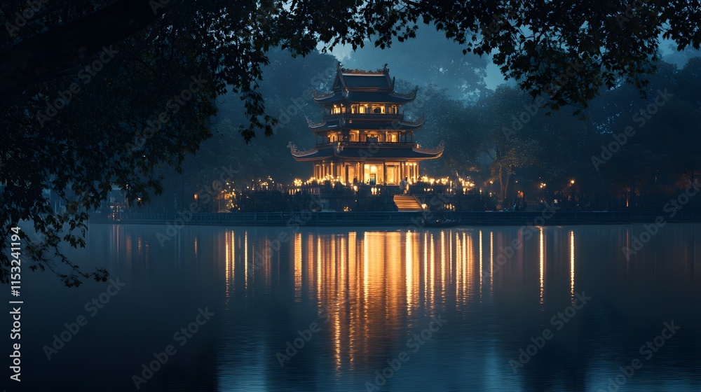 Obraz premium Front view of the iconic Tran Quoc Pagoda in Hanoi, glowing softly under twilight, with its reflection shimmering on the water, in 4K resolution