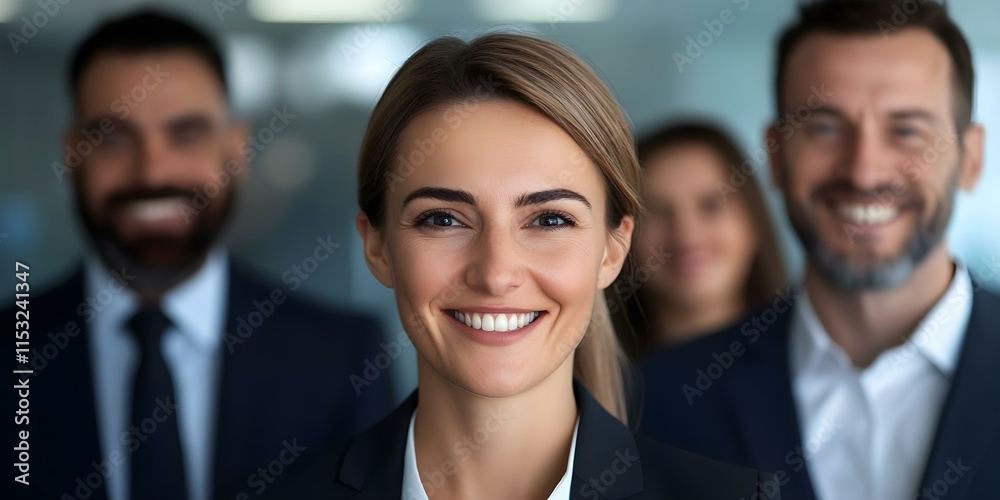 A group of professionals smiling, with a focus on a woman in the front. They appear to be in an office setting. Concept Team Collaboration, Professional Environment, Diverse Workforce A group of professionals smiling, with a focus on a woman in the front. They appear to be in an office setting. Concept Team Collaboration, Professional Environment, Diverse Workforce