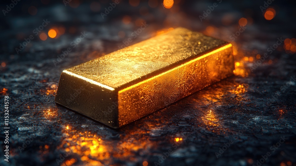 A shining gold bar rests on a rough, dark surface, bathed in soft, warm light that creates captivating reflections and highlights its luxurious texture A shining gold bar rests on a rough, dark surface, bathed in soft, warm light that creates captivating reflections and highlights its luxurious texture