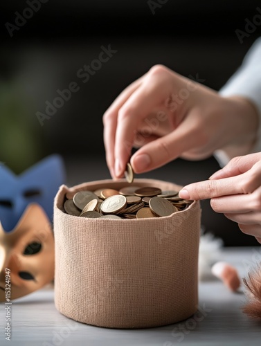 A close-up of hands placing coins into a fabric-wrapped charity box, with colorful masks in the background, symbolizing generosity and festivity during Purim celebrations photo