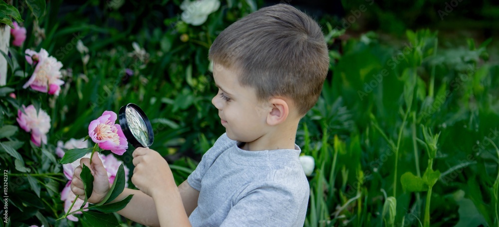 A child looks through a magnifying glass against the background of nature.child. A child looks through a magnifying glass against the background of nature.child.