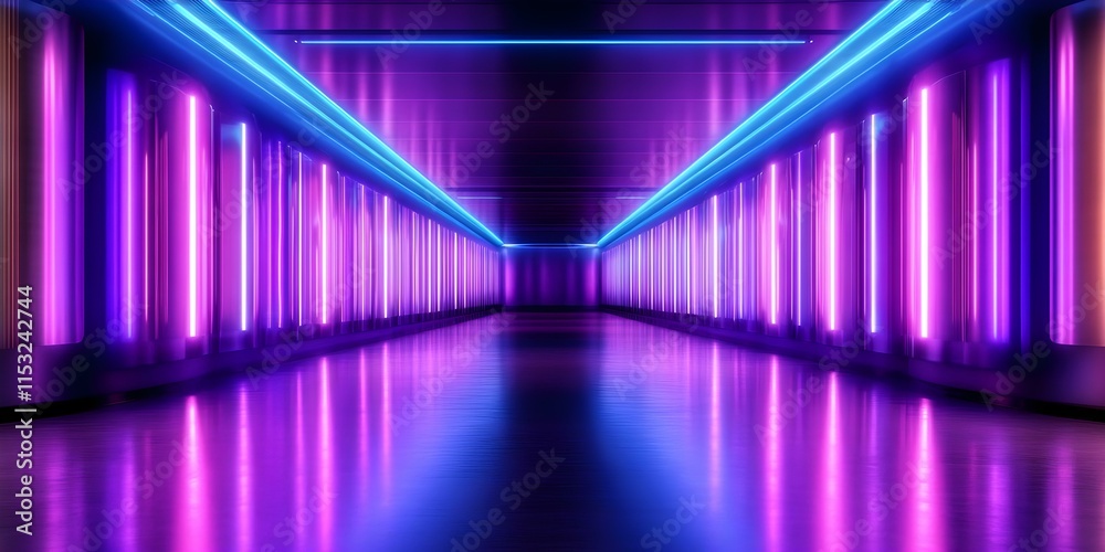 A futuristic hallway illuminated by vibrant purple and blue neon lights, reflecting on a polished floor. Concept Futuristic Architecture, Neon Lighting, Colorful Reflections, Polished Surfaces A futuristic hallway illuminated by vibrant purple and blue neon lights, reflecting on a polished floor. Concept Futuristic Architecture, Neon Lighting, Colorful Reflections, Polished Surfaces