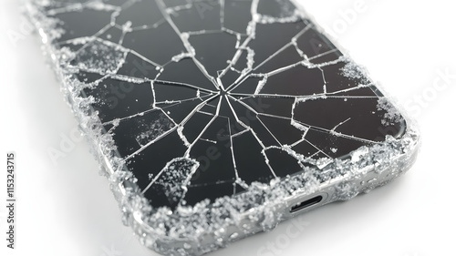3D render close-up of a cracked smartphone covered in frost and icy layers, isolated on white background, hyper-realistic 8K