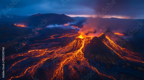 Aerial shot of the dramatic volcanic landscapes of Eldgja canyon, glowing under soft golden light, in 4K resolution