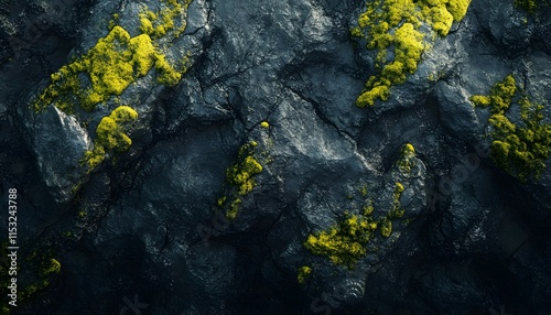 Bird eye view of the rugged lava fields of Eldhraun, with vibrant green moss creating intricate patterns under bright sunlight, in 4K resolution photo