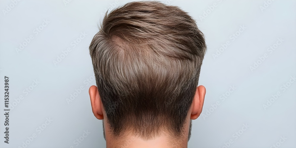 Obraz premium A close-up view of the back of a person's head, showcasing short, styled hair and the neck area against a plain background. Concept Close-Up Hair Details, Styled Short Hair, Neck Area Focus