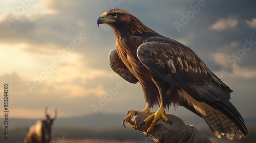 Front view of a wild eagle perched on a nomads hand, with the vast steppe in the background under soft light, in 4K resolution photo