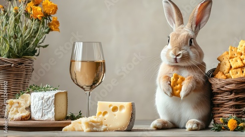 Charming Rabbit with Watch, Glass of Wine, and Cheese on Light Background photo