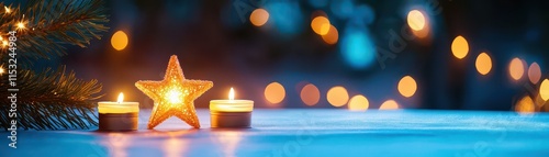 Candlelight dinner setup for Valentine's Day concept. Cozy holiday scene featuring candles, a star-shaped decoration, and soft bokeh lights creating a warm atmosphere.