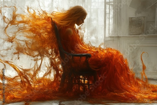 A young woman with flowing orange hair sits gracefully in a chair, surrounded by a surreal, fiery aura that enhances the ethereal atmosphere.