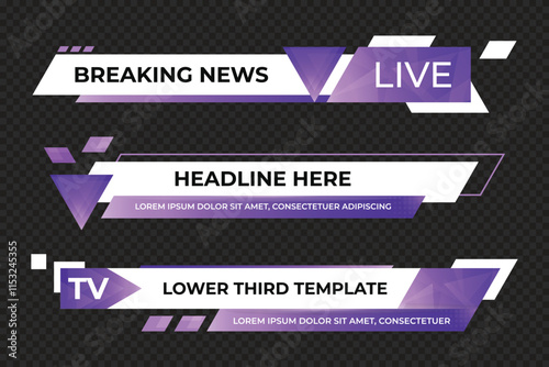 Lower third banner. Broadcast news lower third banner template design. Lower third bar template for breaking news. Video headline title