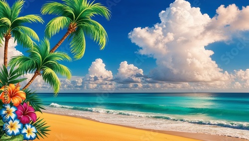 A picturesque tropical paradise with swaying palm trees lining a pristine sandy beach, lapped by the turquoise ocean under a vibrant summer sky