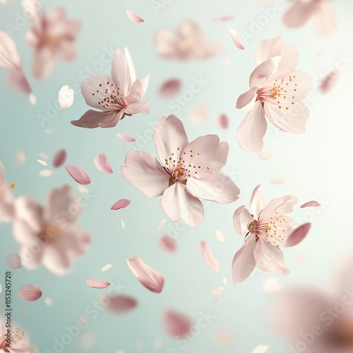 Cherry Blossoms in Bloom with Petals Falling on a Gentle Breeze