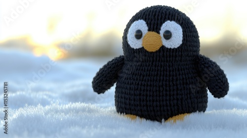 Cute crocheted penguin toy in snowy landscape at sunset. photo