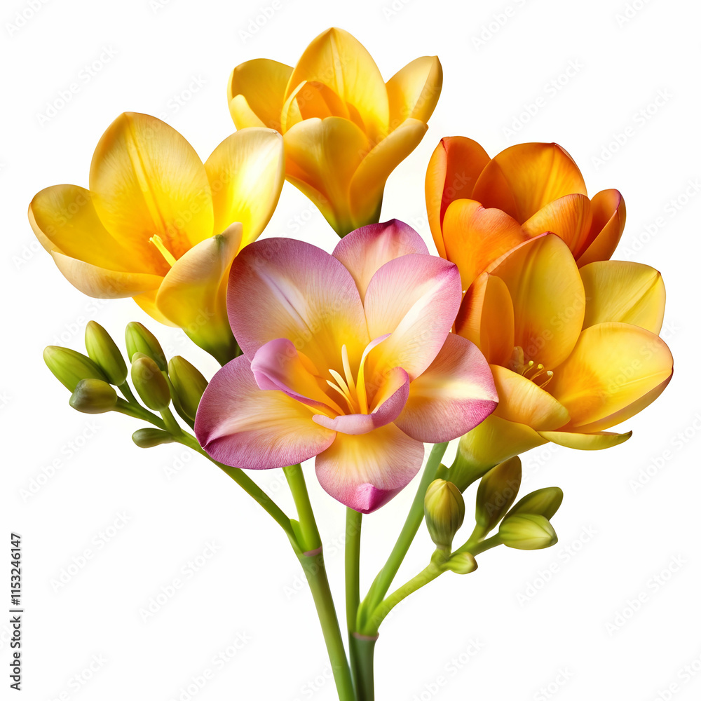Fototapeta premium A freesia flower isolated on a transparent background, showcasing its elegant petals in vibrant shades of yellow, pink, or purple.