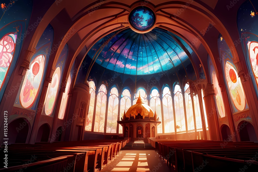Obraz premium ゲーム背景 ステンドグラスのある屋内硝子ドーム教会